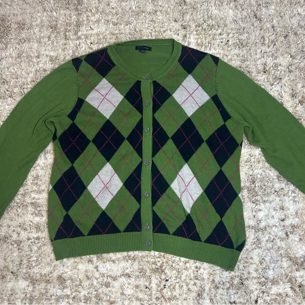 Tommy Hilfiger Woman’s Argyle Button Down Cardigan Sweater size  XXL Green Navy